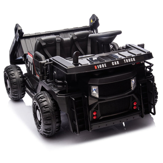 2 Seater Ride on Car with Remote Control, 24V Power Ride on Dump Truck for Kids with Bluetooth, Music, USB, LED Light, Dump Bed, Horn, Rear Wheel Suspension Ride on Toy for Boys Girls 3-6, Black