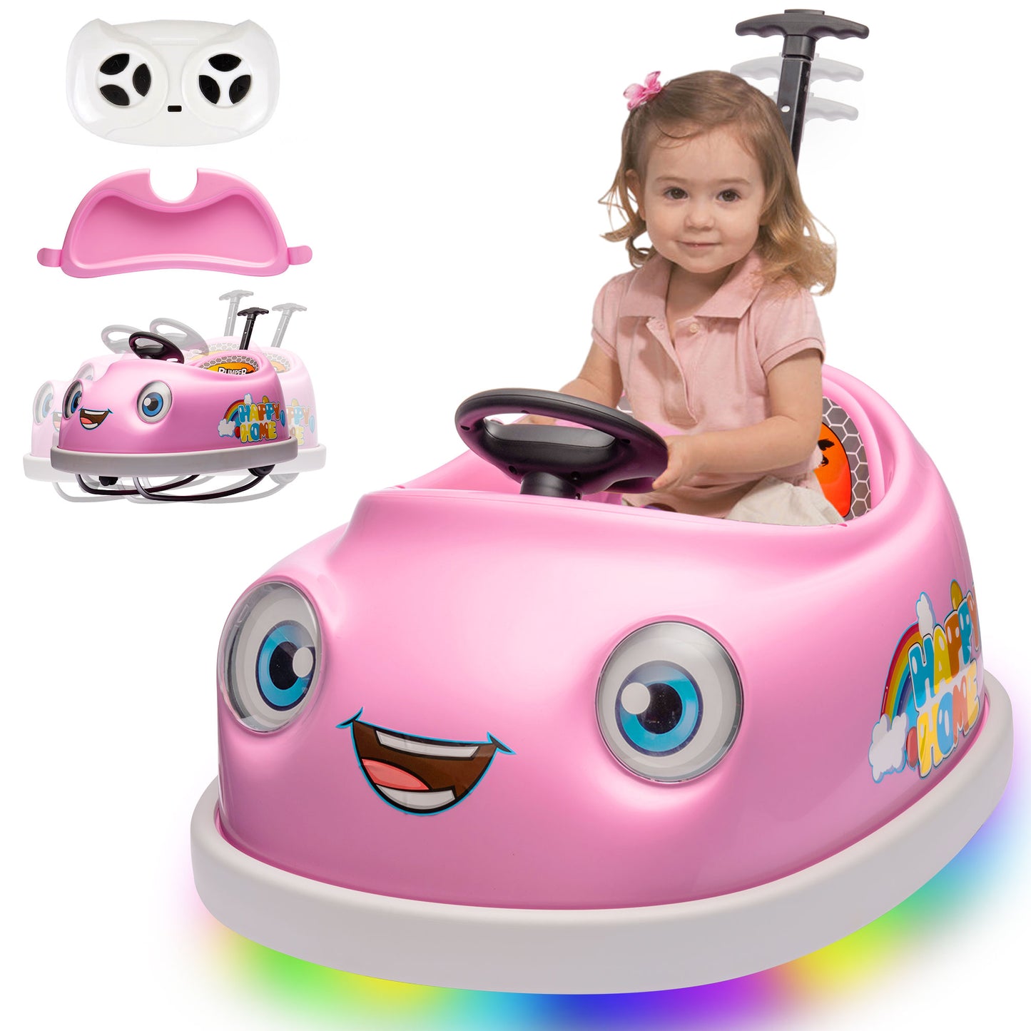 iYofe 12V Bumper Car for Kids, Push Car Ride on Toys with Remote Control, Push Rod, Dinner Plate, USB, Music, LED Light, Rocking Horse Mode, Anti-Collision Bumper