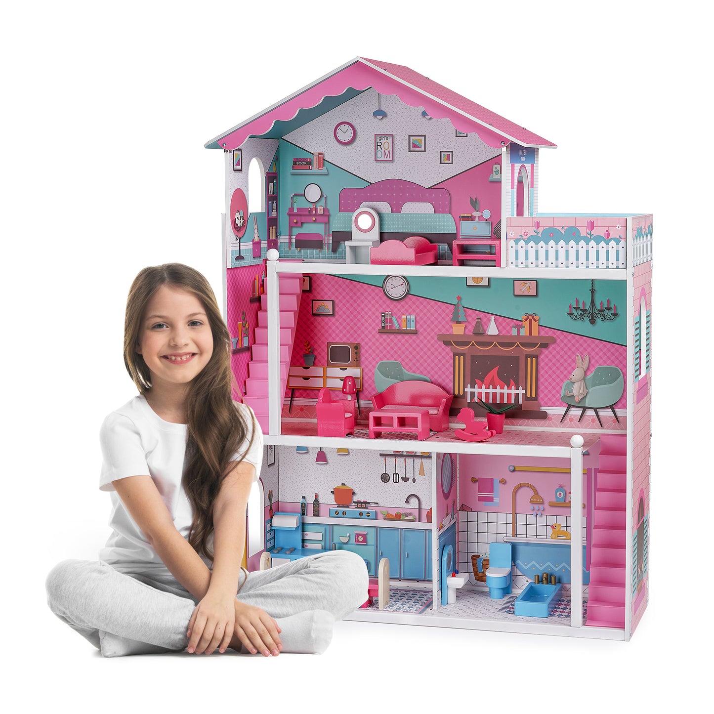 iYofe Wooden Dollhouse with Furniture 4-Rooms Girls Play House 18pcs Furniture & Accessories, Best Gift for Age 3+