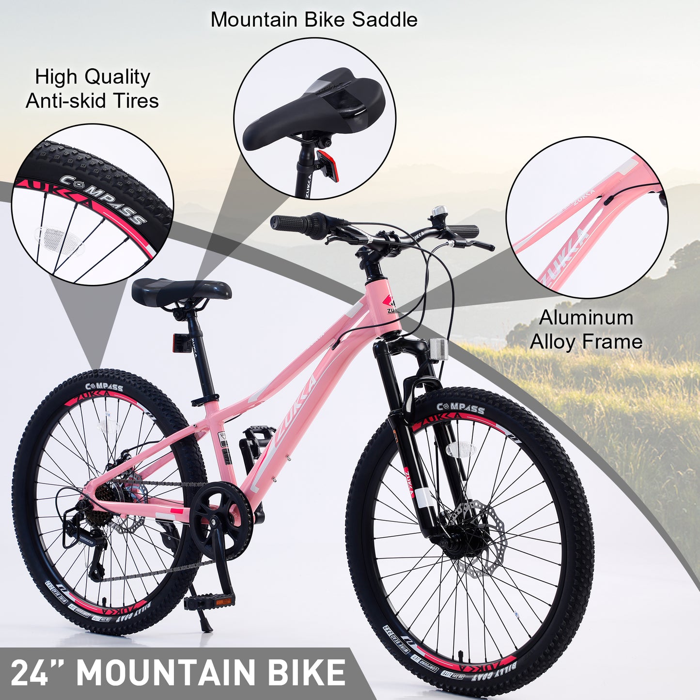 Kids Mountain Bikes 24 inch for Girls and Boys, Shimano 7-Speed Mountain Bicycle with Disc Brakes, 85% Assembled