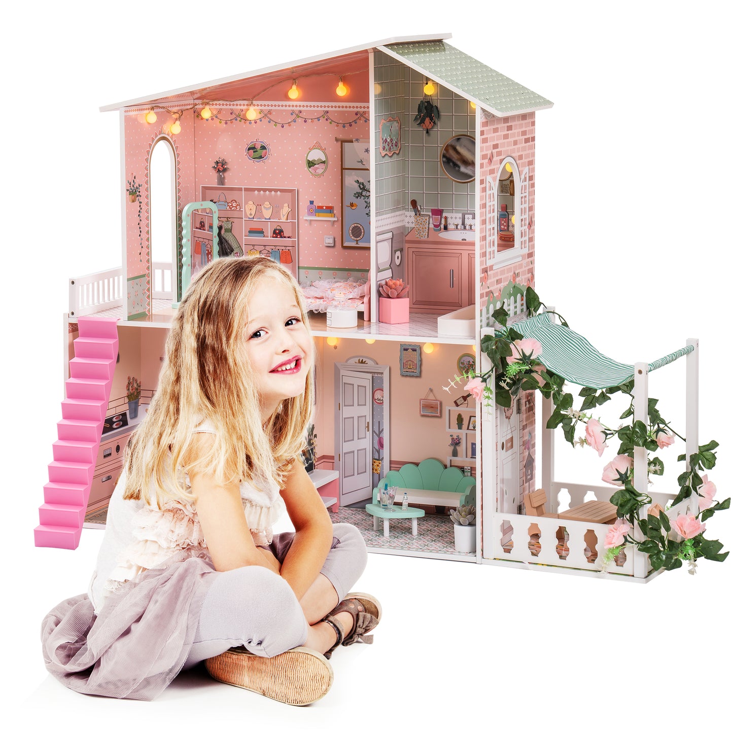 iYofe Spring Dollhouse with Garden Wooden Doll Houses for Girls 25pcs Play House with Light, Best Gift for Age 3+