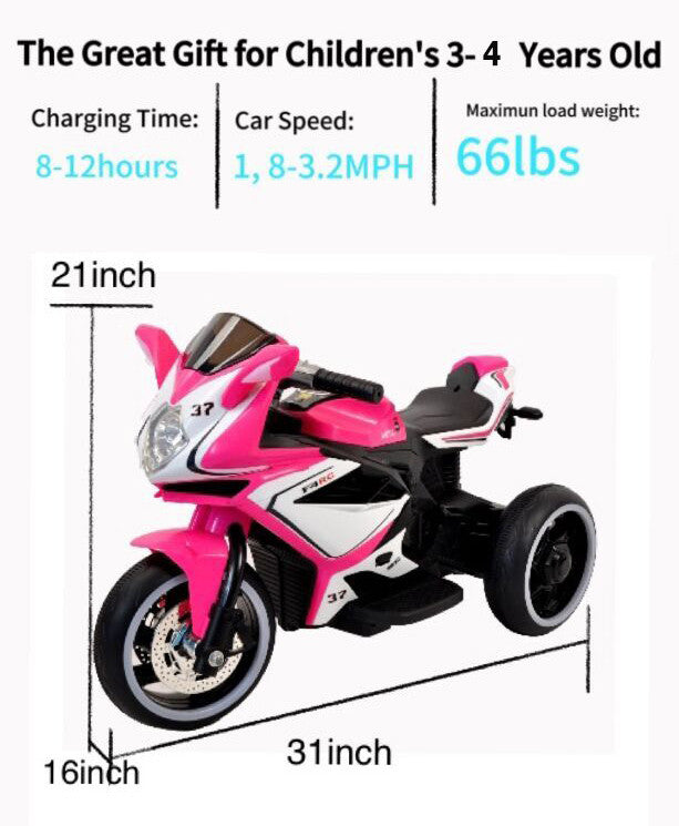 Tamco 6V Kids Ride on Cars, Battery Power Ride on Toy with Music Play, Bluetooth, LED Light, 3 Wheels Electric Motorcycle for Boys & Girls 3-4 Yrs, Pink