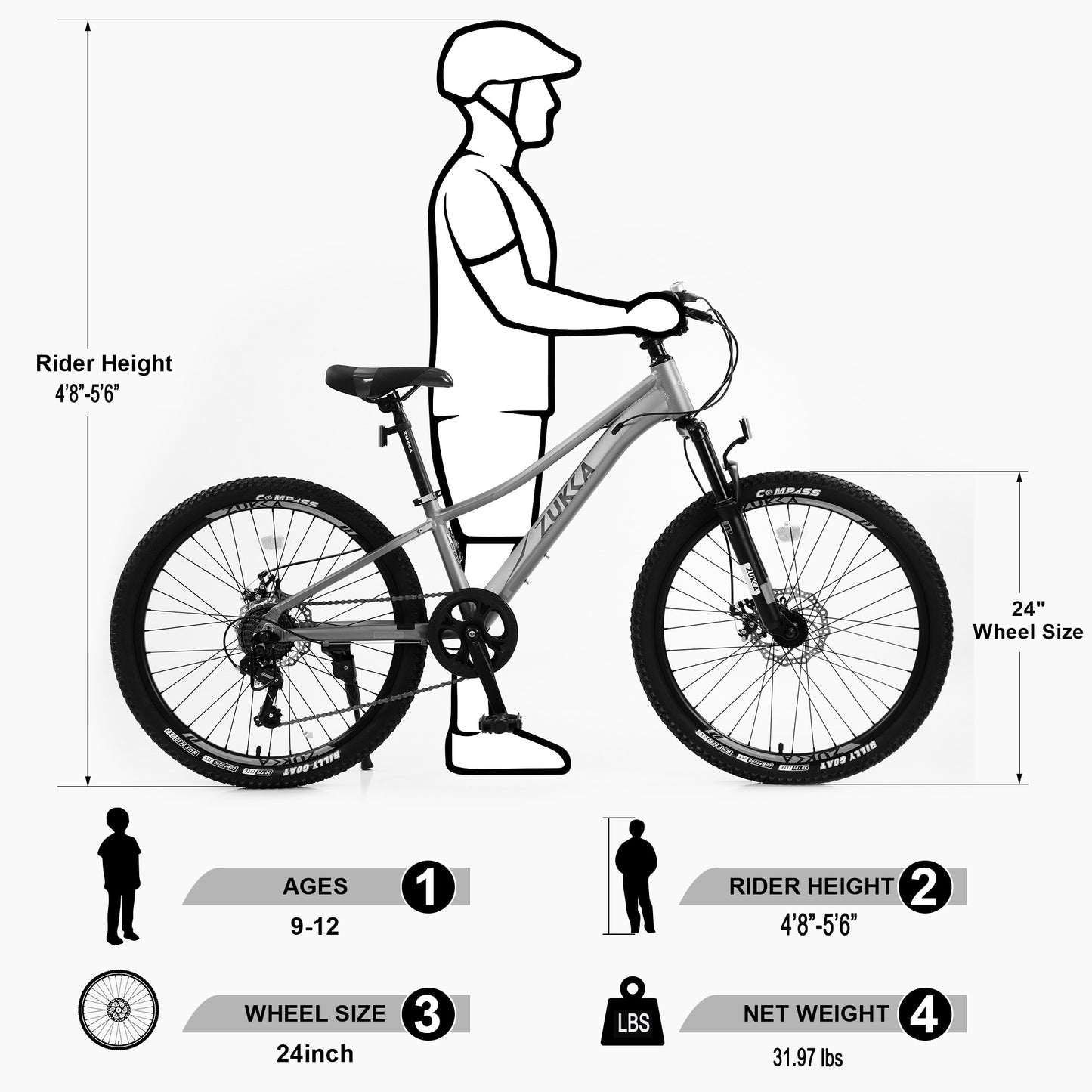 Kids Mountain Bikes 24 inch for Girls and Boys, Shimano 7-Speed Mountain Bicycle with Disc Brakes, 85% Assembled