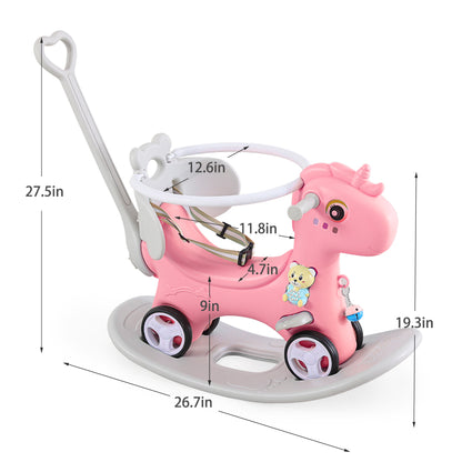 Toddler Rocker, Toddler Rocking Horse, Rocking Horses Ages 1‑3, 4‑in‑1 Ride‑On Toy with Push Handle, Backrest & Balance Board, HDPE Safe Rocking Horse for Boys Girls, Pink