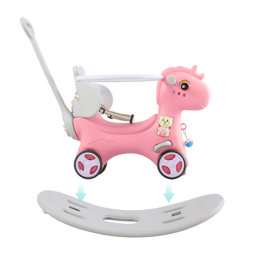 Toddler Rocker, Toddler Rocking Horse, Rocking Horses Ages 1‑3, 4‑in‑1 Ride‑On Toy with Push Handle, Backrest & Balance Board, HDPE Safe Rocking Horse for Boys Girls, Pink