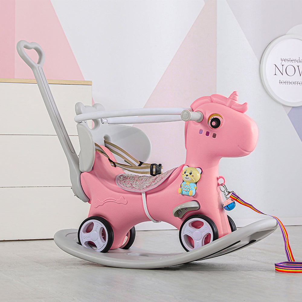 Toddler Rocker, Toddler Rocking Horse, Rocking Horses Ages 1‑3, 4‑in‑1 Ride‑On Toy with Push Handle, Backrest & Balance Board, HDPE Safe Rocking Horse for Boys Girls, Pink