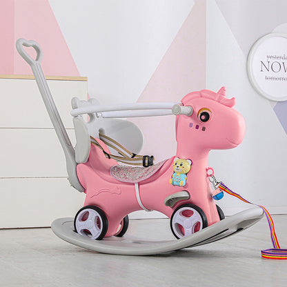 Toddler Rocker, Toddler Rocking Horse, Rocking Horses Ages 1‑3, 4‑in‑1 Ride‑On Toy with Push Handle, Backrest & Balance Board, HDPE Safe Rocking Horse for Boys Girls, Pink
