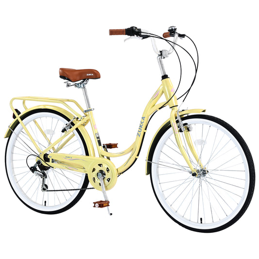 26 Inch Womens Beach Cruiser Bike with Hand Brakes, 7 Speed Bicycle for Adult Teen, Commuter Bike City Bike for Ladies with Backseat, 85% Assembled, Yellow