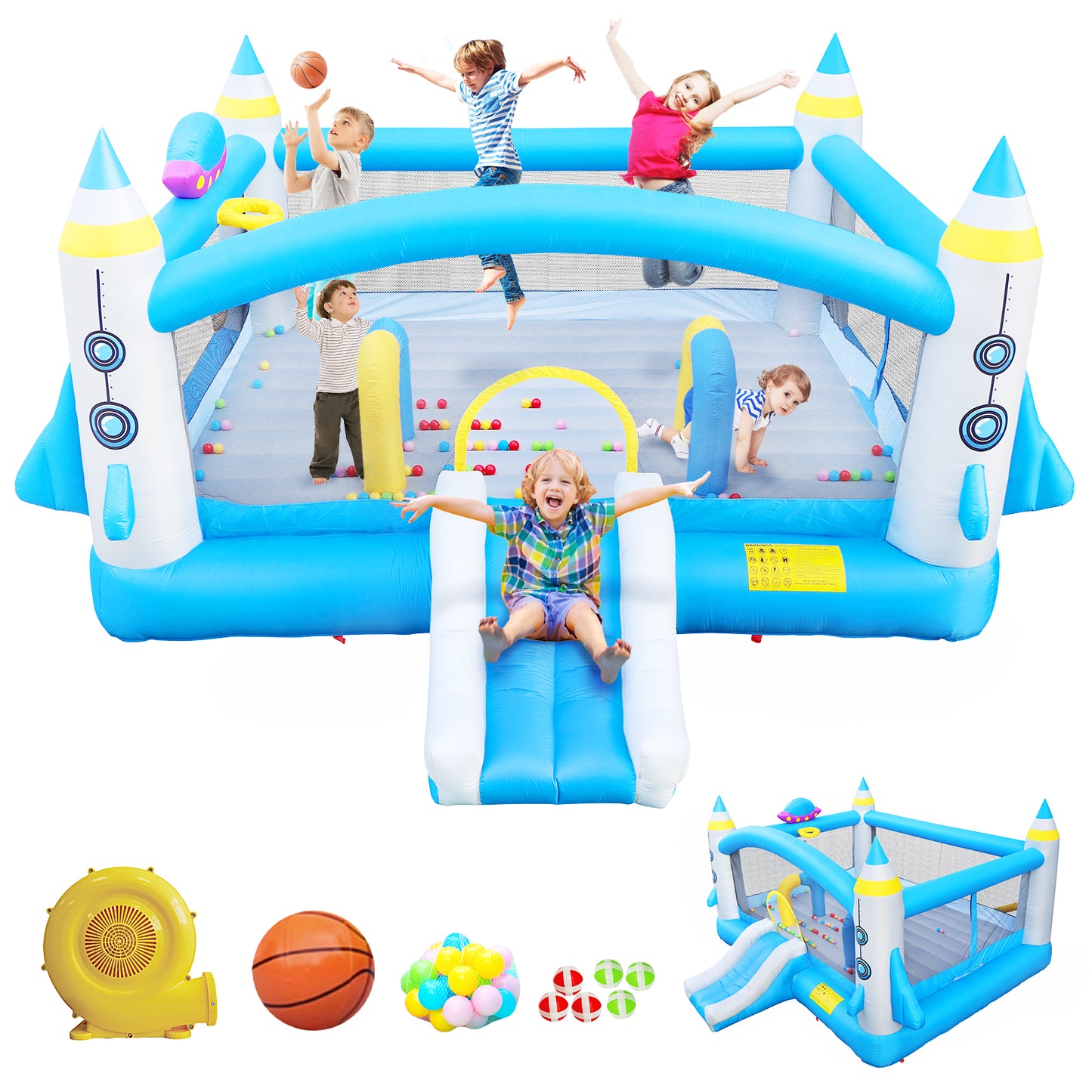 iYofe Bounce House for Kids Multifunctional Jump 'n Slide Kids Inflatable Bounce with Blower, 198" x 180" Play Area x 96" Tall, Basketball Hoop, Target Game, A Wealth of Accessories