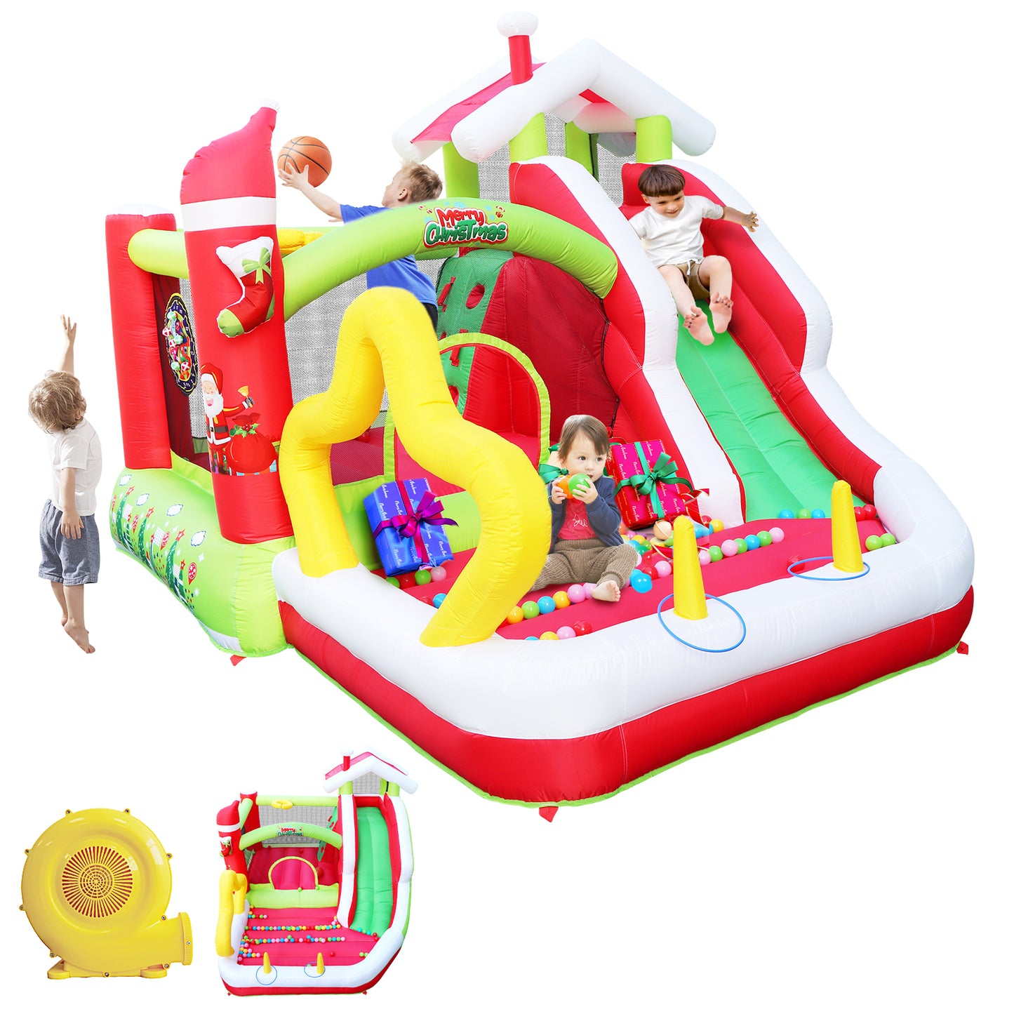 iYofe Christmas Bounce House with Blower Jump 'n Slide Inflatable Bouncy House Bouncy Castle for Kids, Basketball Hoop, Target Game, A Wealth of Accessories