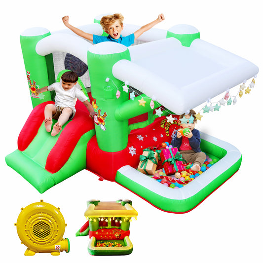 iYofe Christmas Bounce House with Blower Jump 'n Slide Inflatable Bouncy Outdoor House Bouncy Castle for Kids, Christmas Light, Target Game, a Wealth of Accessories