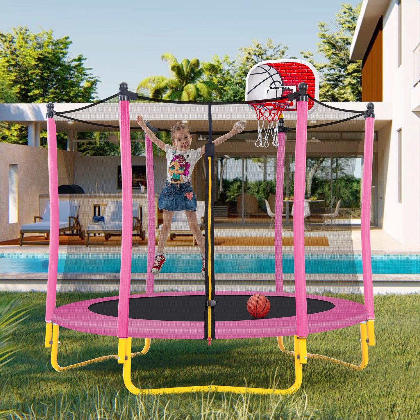 5.5FT Trampoline for Kids, Toddler Mini Trampoline with Basketball Hoop and Balls Indoor and Outdoor, Max Load 600Lbs