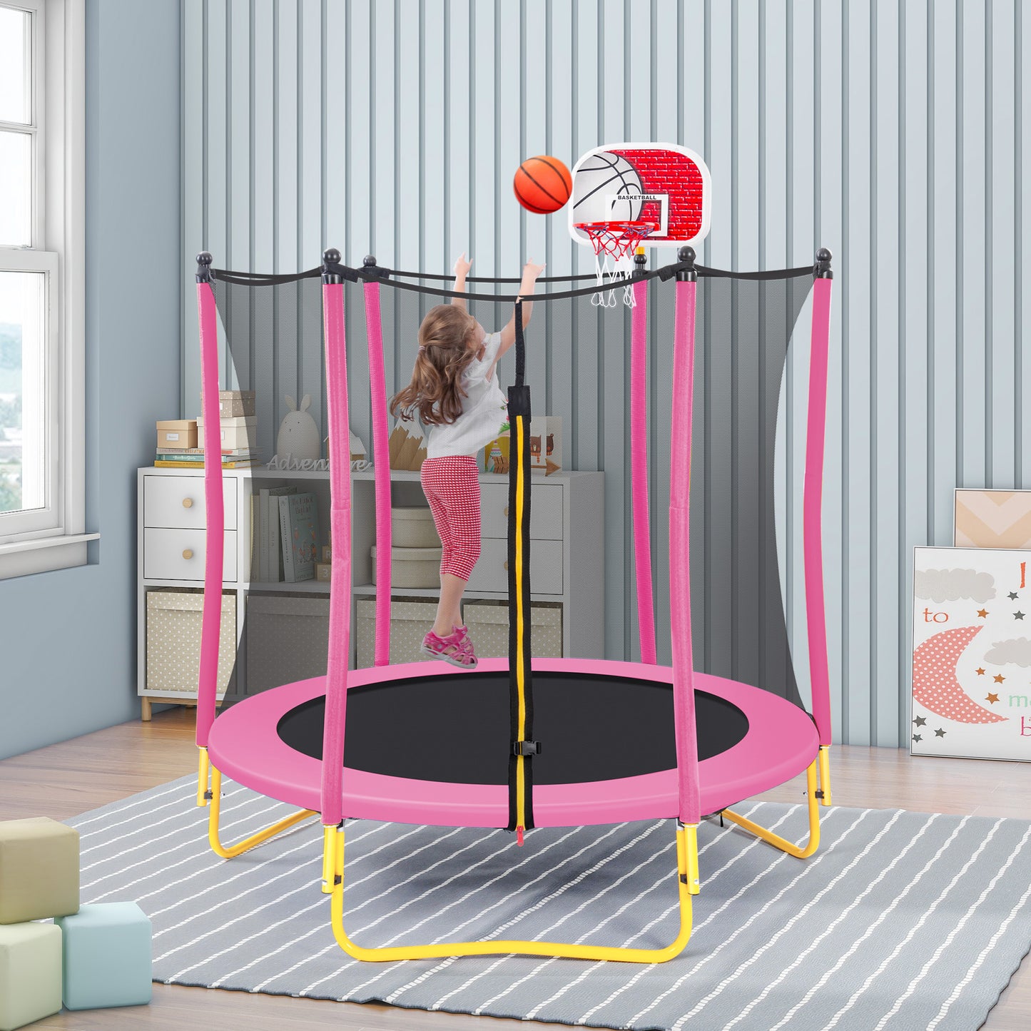 5.5FT Trampoline for Kids, Toddler Mini Trampoline with Basketball Hoop and Balls Indoor and Outdoor, Max Load 600Lbs