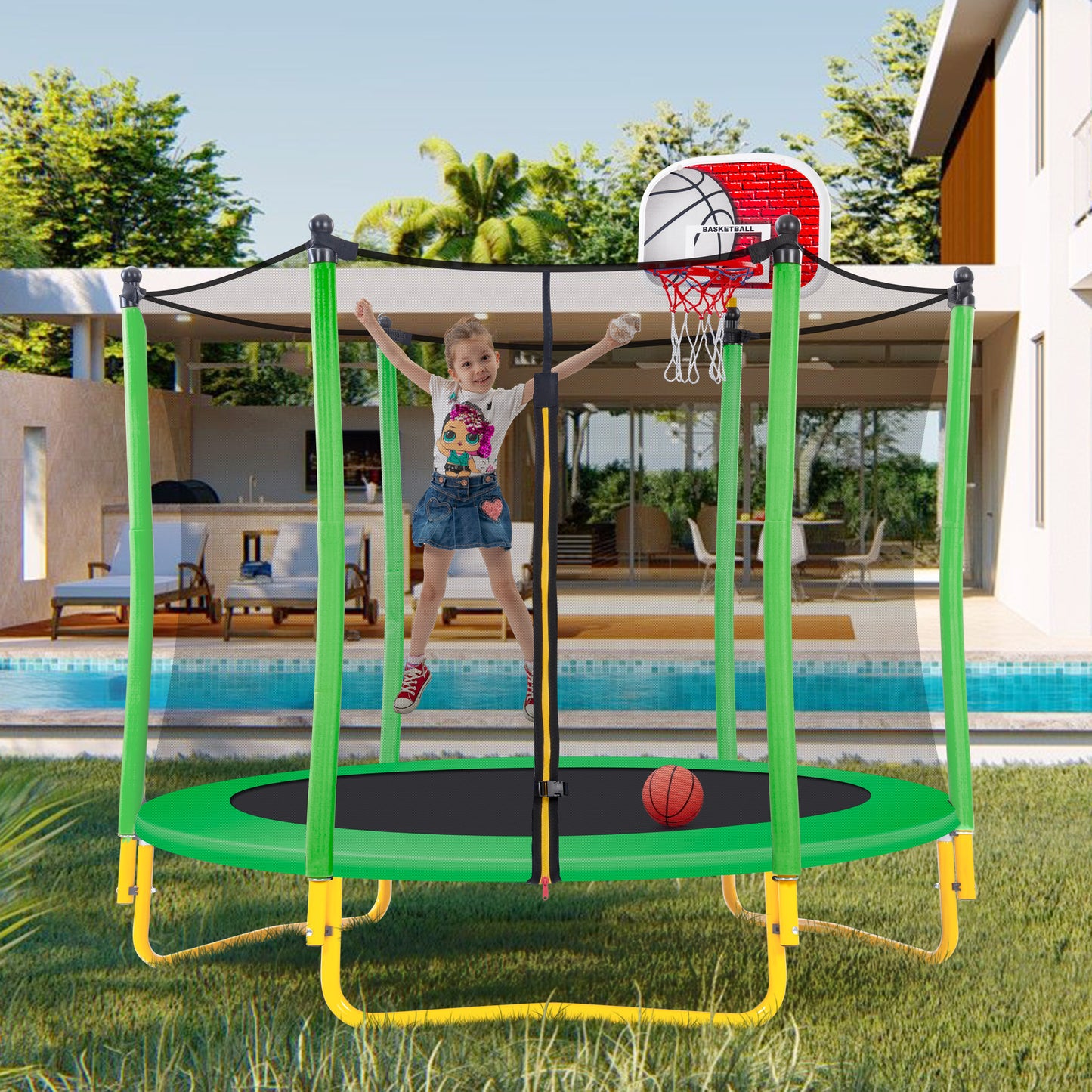 5.5FT Trampoline for Kids, Toddler Mini Trampoline with Basketball Hoop and Balls Indoor and Outdoor, Max Load 600Lbs