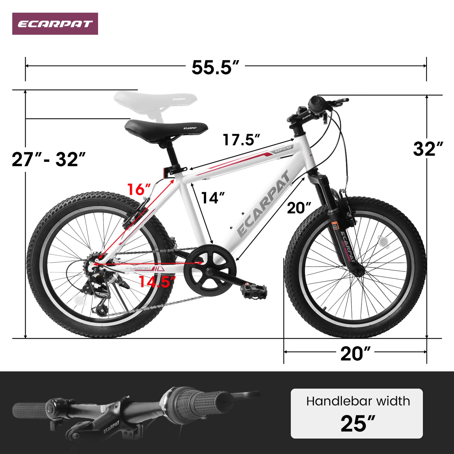 Kids Mountain Bike 20 inch for Boys and Girls Shimano 7 Speed Mountain Bicycle, Front Suspension, Dual Handbrakes, 86% Assembled