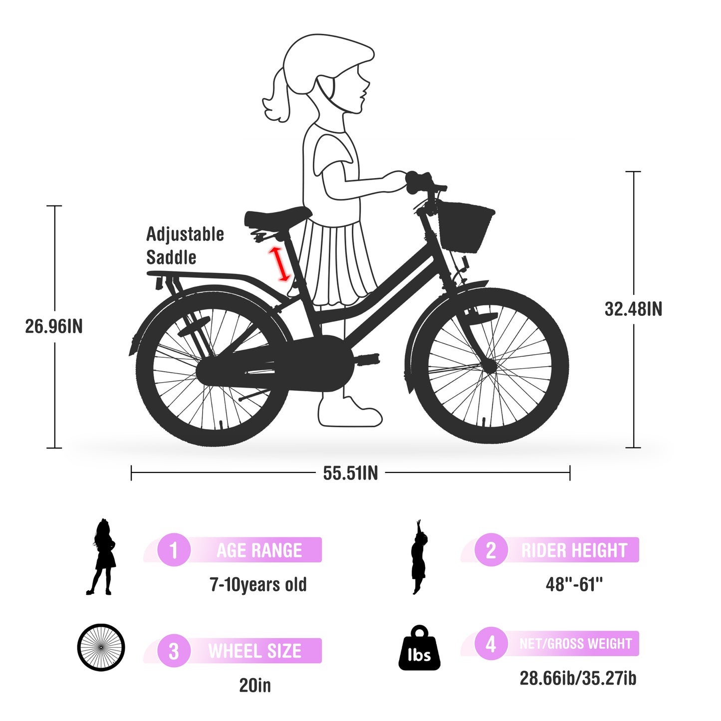 Girls Bike 20inch with Basket and Backseat, Kids Bicycle for 7-10 Years Old, Single Speed