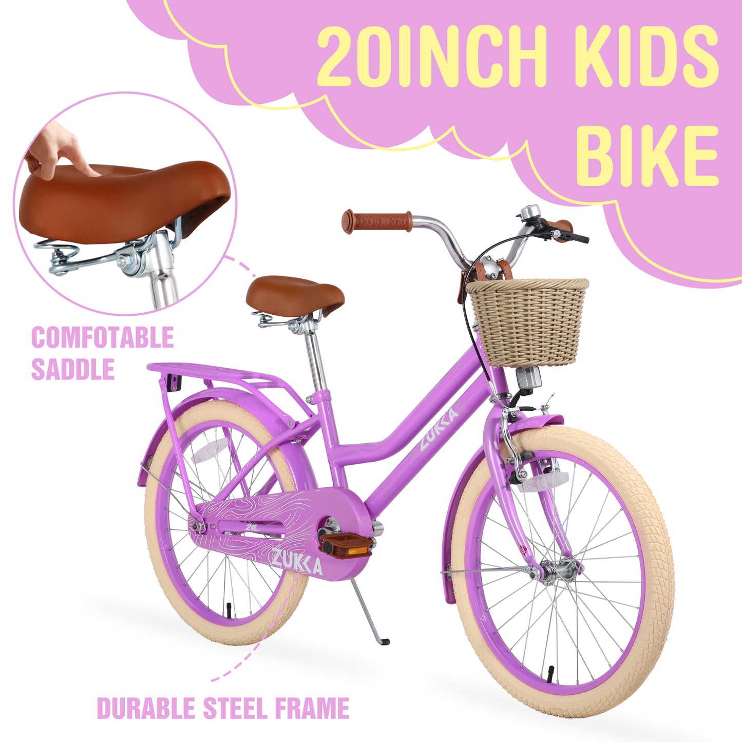 Girls Bike 20inch with Basket and Backseat, Kids Bicycle for 7-10 Years Old, Single Speed