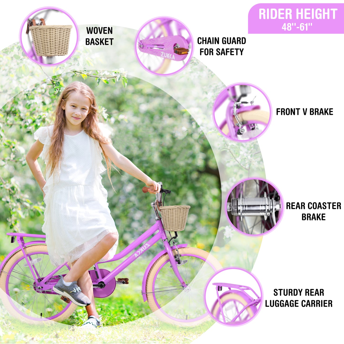 Girls Bike 20inch with Basket and Backseat, Kids Bicycle for 7-10 Years Old, Single Speed