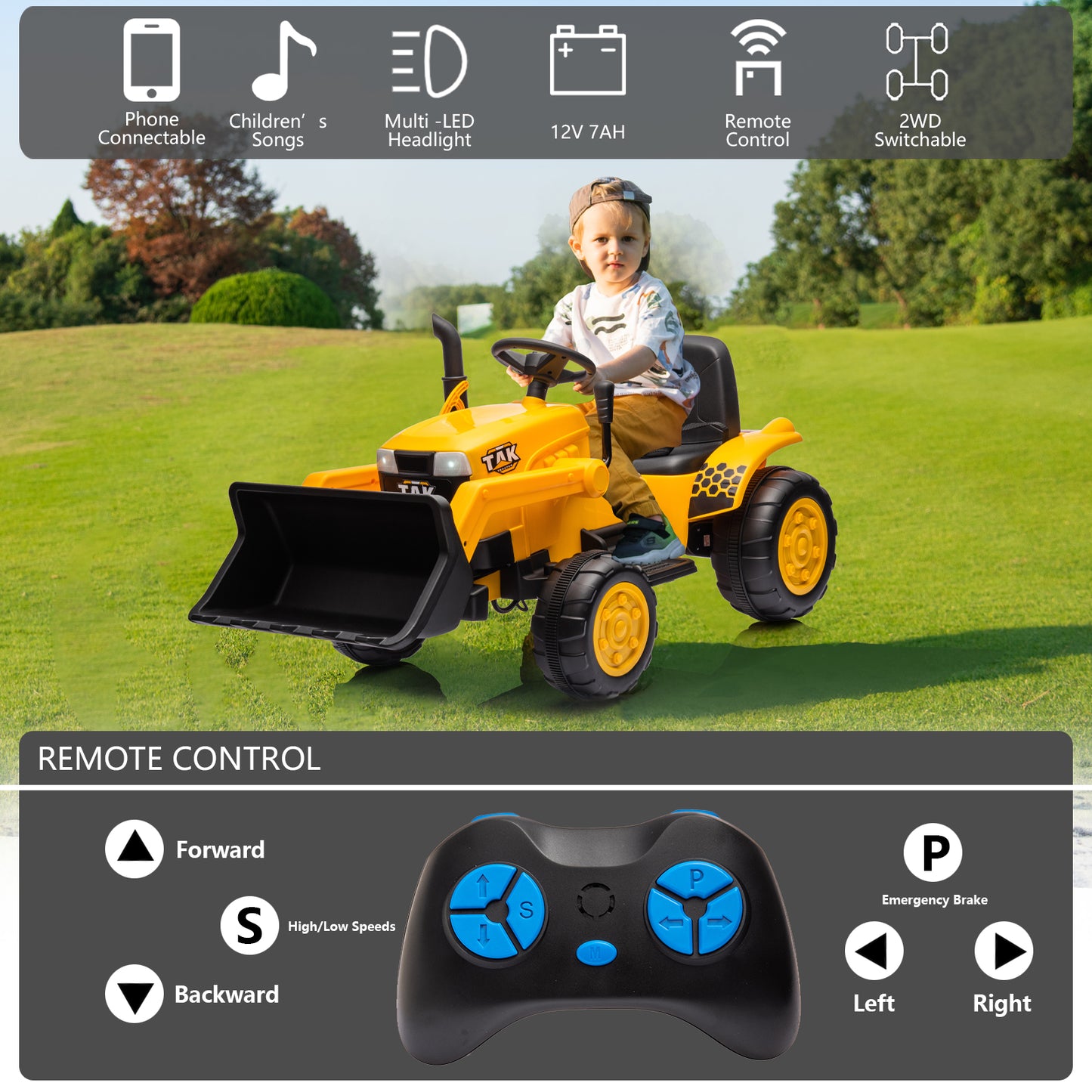 JCB 24V Ride on Excavator with Front&Back Loader 3in1 Kids Ride on Car with Remote Control Electric Construction for 3-6 Years Old Boys and Girls, Backhoe Ride on, Yellow