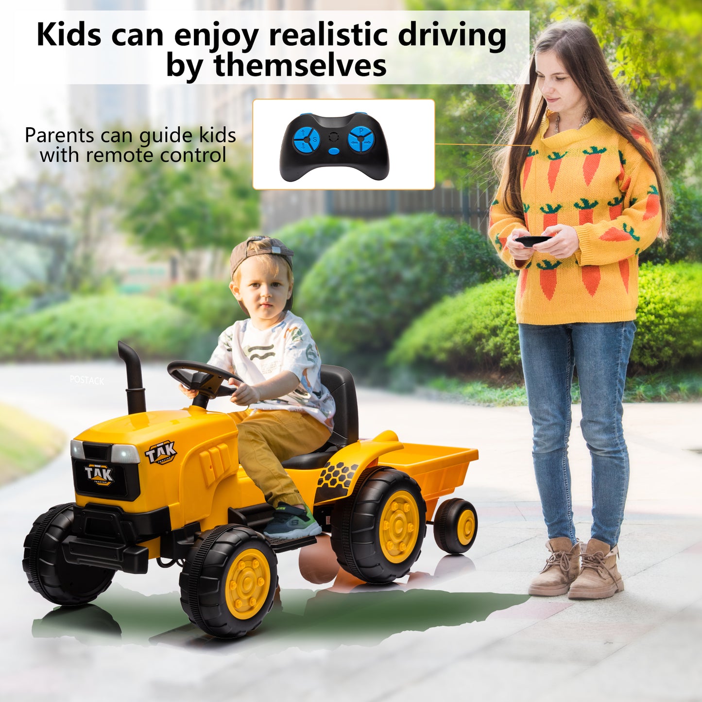 JCB 24V Ride on Excavator with Front&Back Loader 3in1 Kids Ride on Car with Remote Control Electric Construction for 3-6 Years Old Boys and Girls, Backhoe Ride on, Yellow