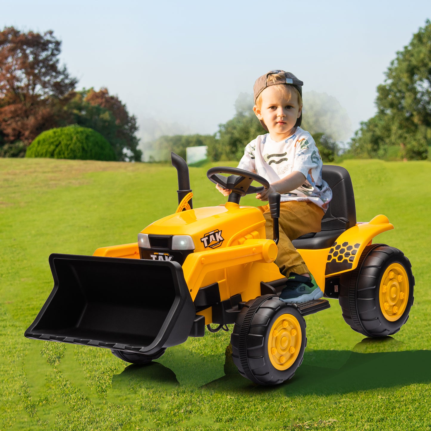 JCB 24V Ride on Excavator with Front&Back Loader 3in1 Kids Ride on Car with Remote Control Electric Construction for 3-6 Years Old Boys and Girls, Backhoe Ride on, Yellow