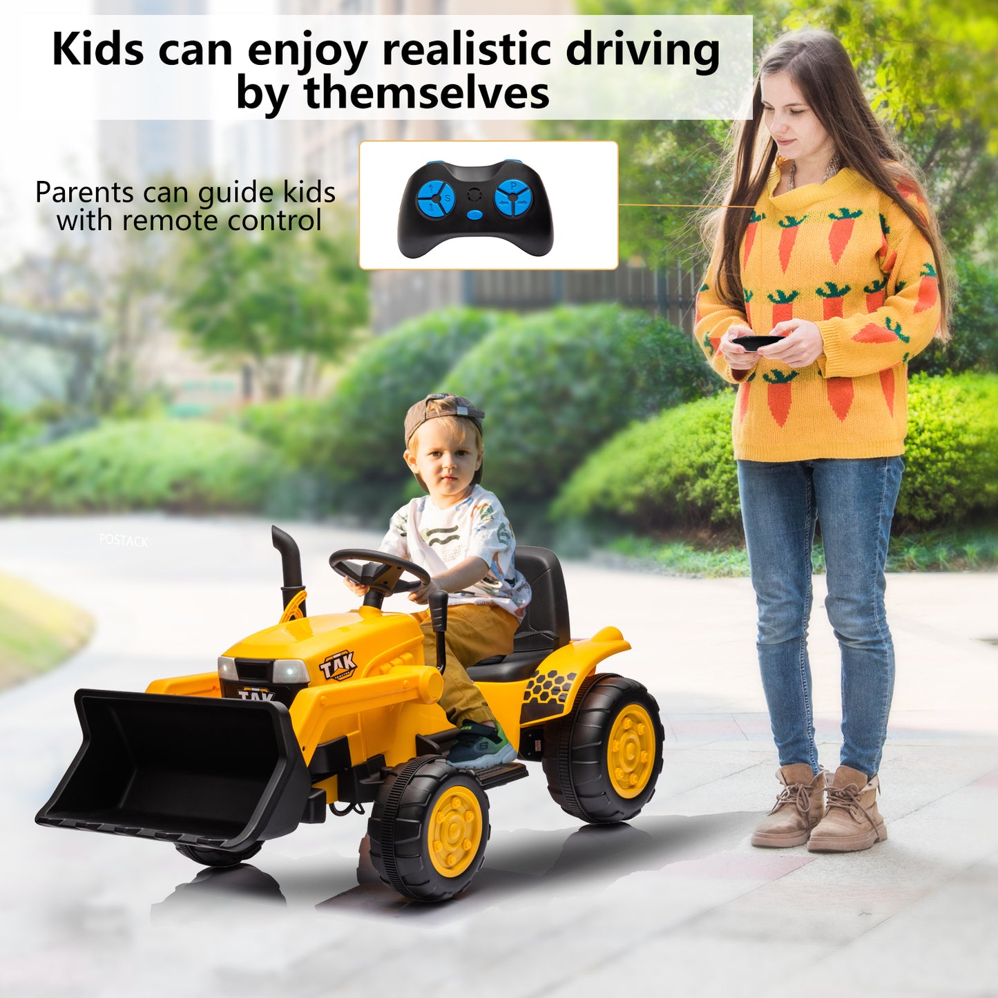 JCB 24V Ride on Excavator with Front&Back Loader 3in1 Kids Ride on Car with Remote Control Electric Construction for 3-6 Years Old Boys and Girls, Backhoe Ride on, Yellow