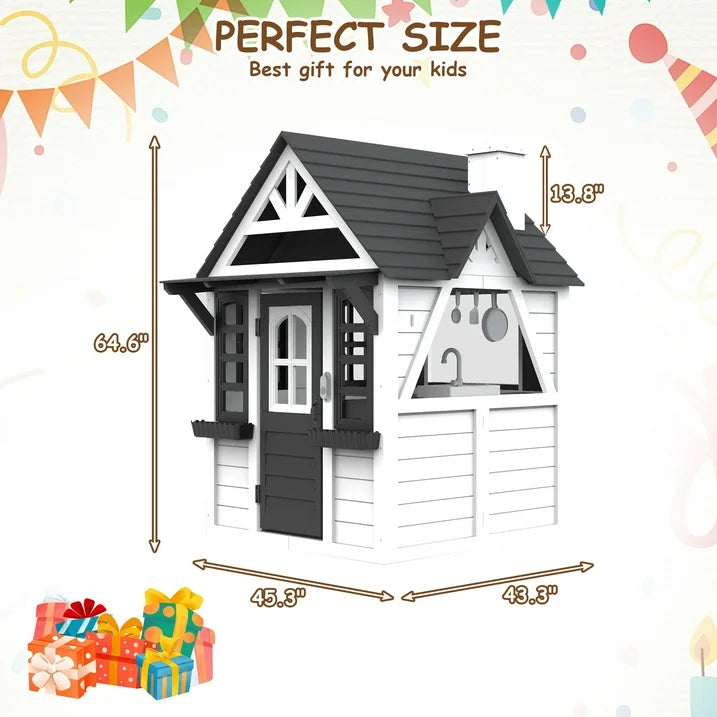 Outdoor Playhouse for Kids Ages 4-8, Wooden Play House with Front Door, Doorbell, Flower Pot Holders, Stove, Sink, Cookware, Windows, Indoor Outdoor Kids Play Equipment Gift for Boys & Girls