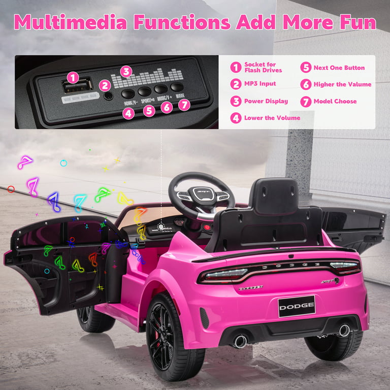 Ride on Cars, 12 V Licensed Dodge Charger Battery Powered Ride On Toys with Remote Control, MP3 Player, LED Headlights, Safety Belt, 4 Wheeler, Electric Car for Kids 3-5 Boys Girls, Pink