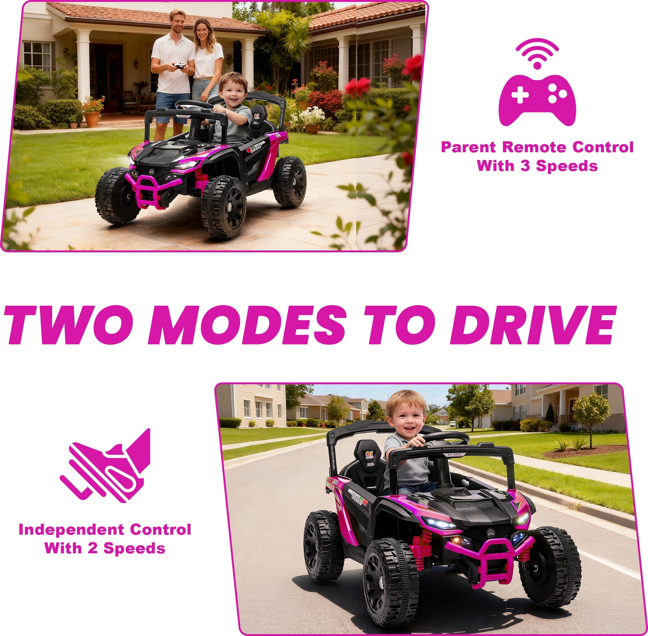 iYofe 24V Powered Ride on Toys with Remote Control, Kids Ride on Car UTV for Boys Girls Ages 3-5, Ride on Vehicles Electric Cars for Kids with Bluetooth, Music, LED Lights, 4 Wheels Suspension, Pink
