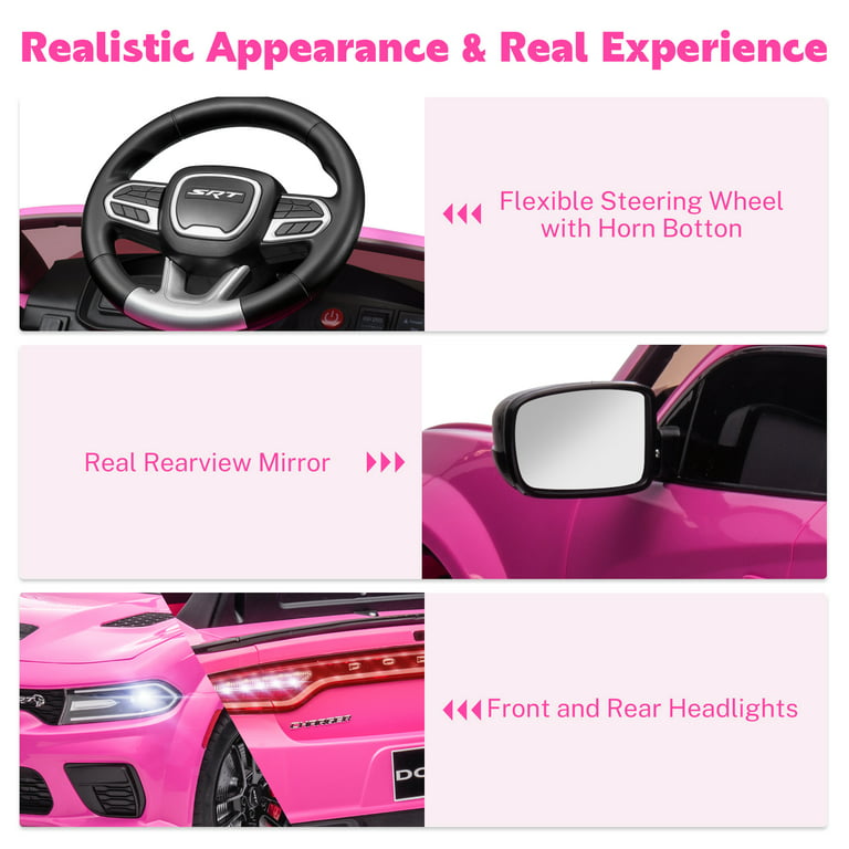 Ride on Cars, 12 V Licensed Dodge Charger Battery Powered Ride On Toys with Remote Control, MP3 Player, LED Headlights, Safety Belt, 4 Wheeler, Electric Car for Kids 3-5 Boys Girls, Pink