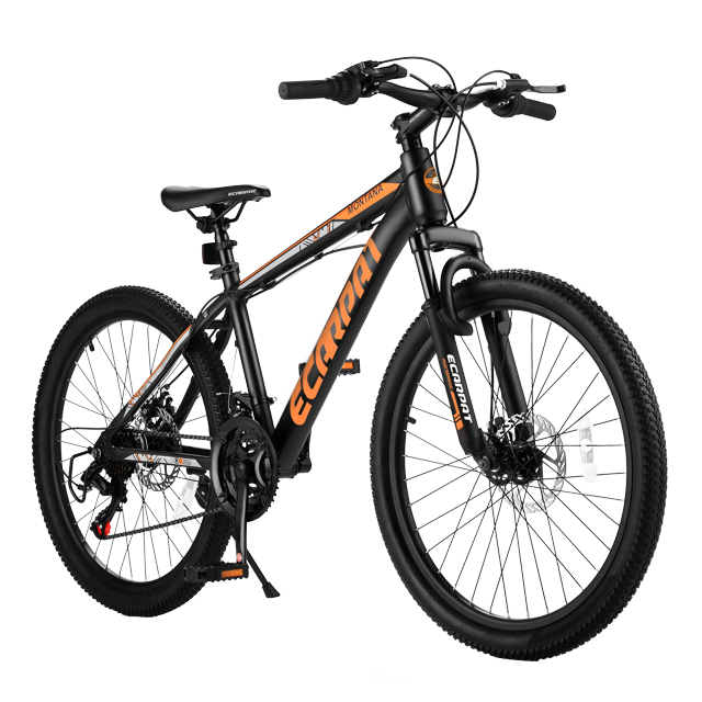 24 inch Mountain Bike Bicycle for Adults Aluminum Frame Bike, Comfort Adult Bike, Men and Women Bike Bicycle with 21 Speed Shimano Derailleur, Disc Brake, Front Suspension, Black & Orange