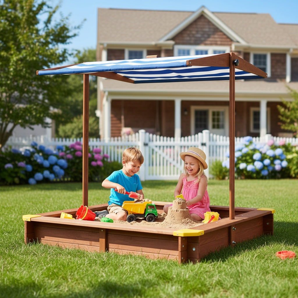 Outdoor Kids Sandbox with Cover Canopy Adjustable, Wooden Sandbox with Bench and Lid, Sand Play Toy Center for Boys Girls