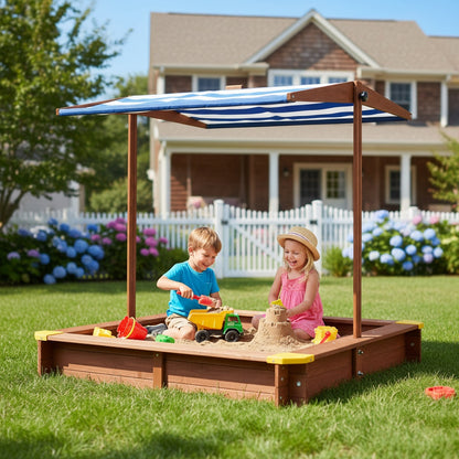 Outdoor Kids Sandbox with Cover Canopy Adjustable, Wooden Sandbox with Bench and Lid, Sand Play Toy Center for Boys Girls