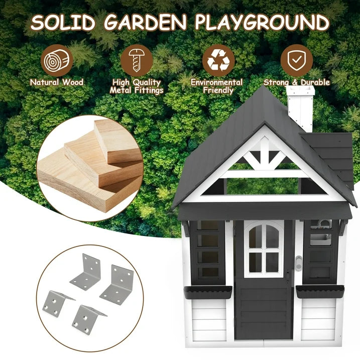 Outdoor Playhouse for Kids Ages 4-8, Wooden Play House with Front Door, Doorbell, Flower Pot Holders, Stove, Sink, Cookware, Windows, Indoor Outdoor Kids Play Equipment Gift for Boys & Girls