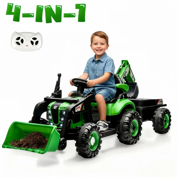 4-in-1 24V Kids Ride On Electric Tractor Toy with Construction Attachments (Excavator, Dump Truck & Bulldozer) with Remote Control, 3 Speed Adjustable, Built-in Music Player, LED Light, Green