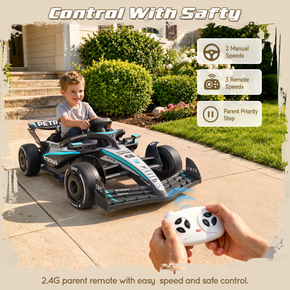 Mercedes-Benz F1 W16 24V Ride On for Kids Ages 3-8, iYofe Lithium Battery Powered Racing Go Kart w/Remote Control, Dual Motor Powered Ride On Car with Rear-Wheels Suspension, Lights, Music