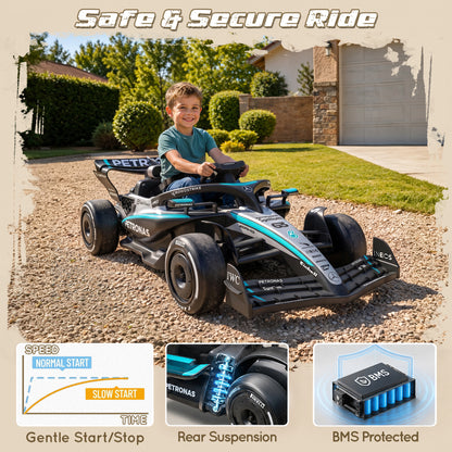 Mercedes-Benz F1 W16 24V Ride On for Kids Ages 3-8, iYofe Lithium Battery Powered Racing Go Kart w/Remote Control, Dual Motor Powered Ride On Car with Rear-Wheels Suspension, Lights, Music