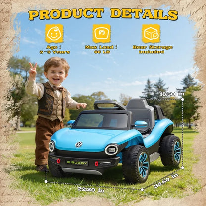 Volkswagen Beetle 12V Kids Ride On Car with Remote Control, Powered Electric Car for Kids, Ride On Toy with 4 Wheel Suspension, Bluetooth Music, LED Headlights, Cars for Kids Ages 3–5, Blue