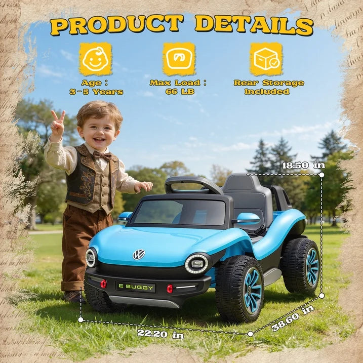 Volkswagen Beetle 12V Kids Ride On Car with Remote Control, Powered Electric Car for Kids, Ride On Toy with 4 Wheel Suspension, Bluetooth Music, LED Headlights, Cars for Kids Ages 3–5, Blue