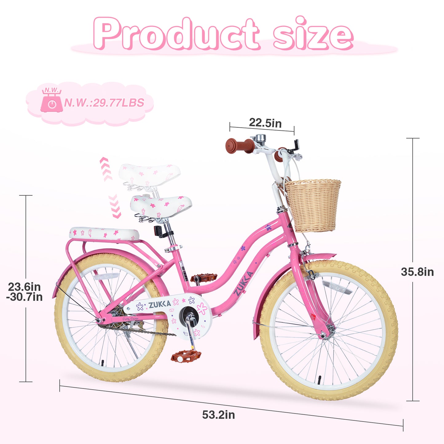 Girls Bike 20inch with Basket and Backseat, Front Caliper Brake and Rear Dand Brakes, Kids Bicycle for 7-10 Years Old, Single Speed