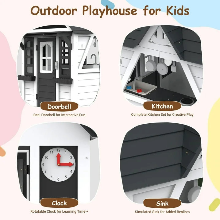Outdoor Playhouse for Kids Ages 4-8, Wooden Play House with Front Door, Doorbell, Flower Pot Holders, Stove, Sink, Cookware, Windows, Indoor Outdoor Kids Play Equipment Gift for Boys & Girls