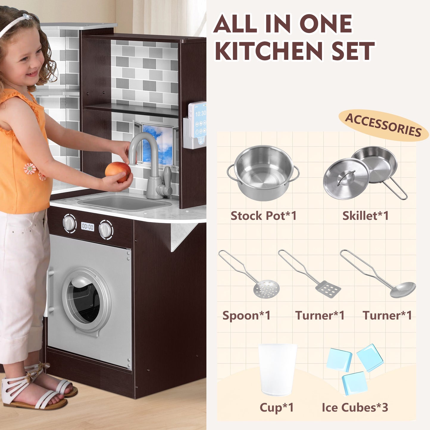 iYofe Kids Play Kitchen, Wooden Kids Children Pretend Corner Kitchen Playset, Toddler Kitchen Playset with Ice Maker, Play Phone, Cookware Accessories, Microwave, Kitchen Toys for Ages 3-8 Girls Boys