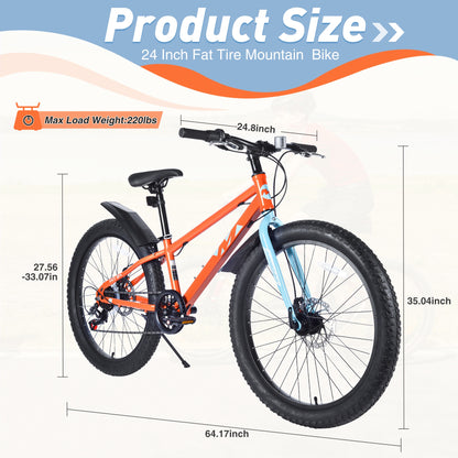 24" Mountain Bikes for Boys Girls, 7 Speed Fat Tire Mountain Bicycle w/ Disc Brakes, Bike for kids Youth Teen Adults, City Bikes Street Suit for Rider Height 56"-66" Ages 10+, 85% assembled (Orange)