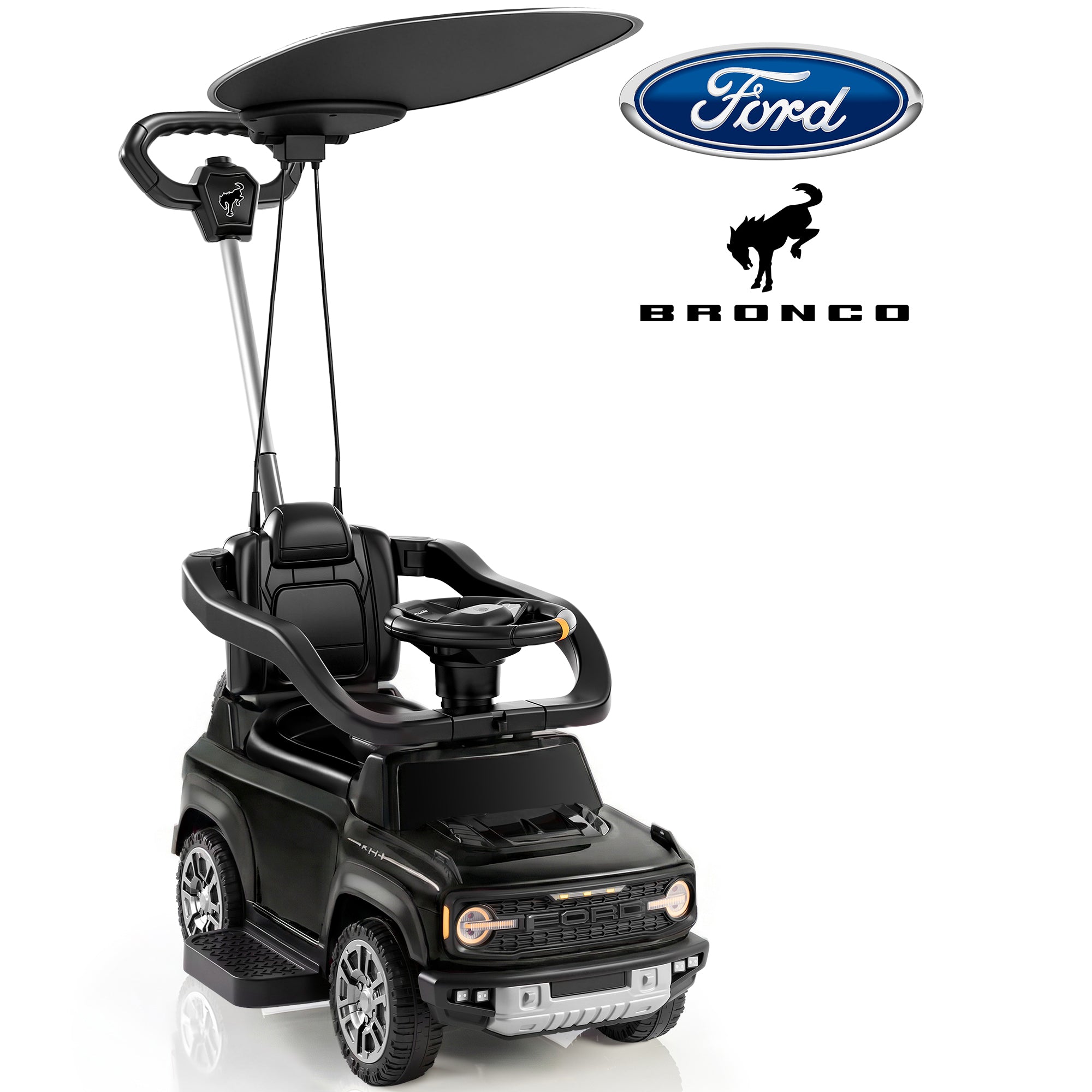 iYofe 3 In 1 Push Cars for Kids, Licensed Ford Bronco Ride On Toys w/Adjustable Handle, Canopy, Armrest Guardrail, Horn, Silent Wheels, Boys Girls Ride On Car for Toddlers Ages 18-36 Month