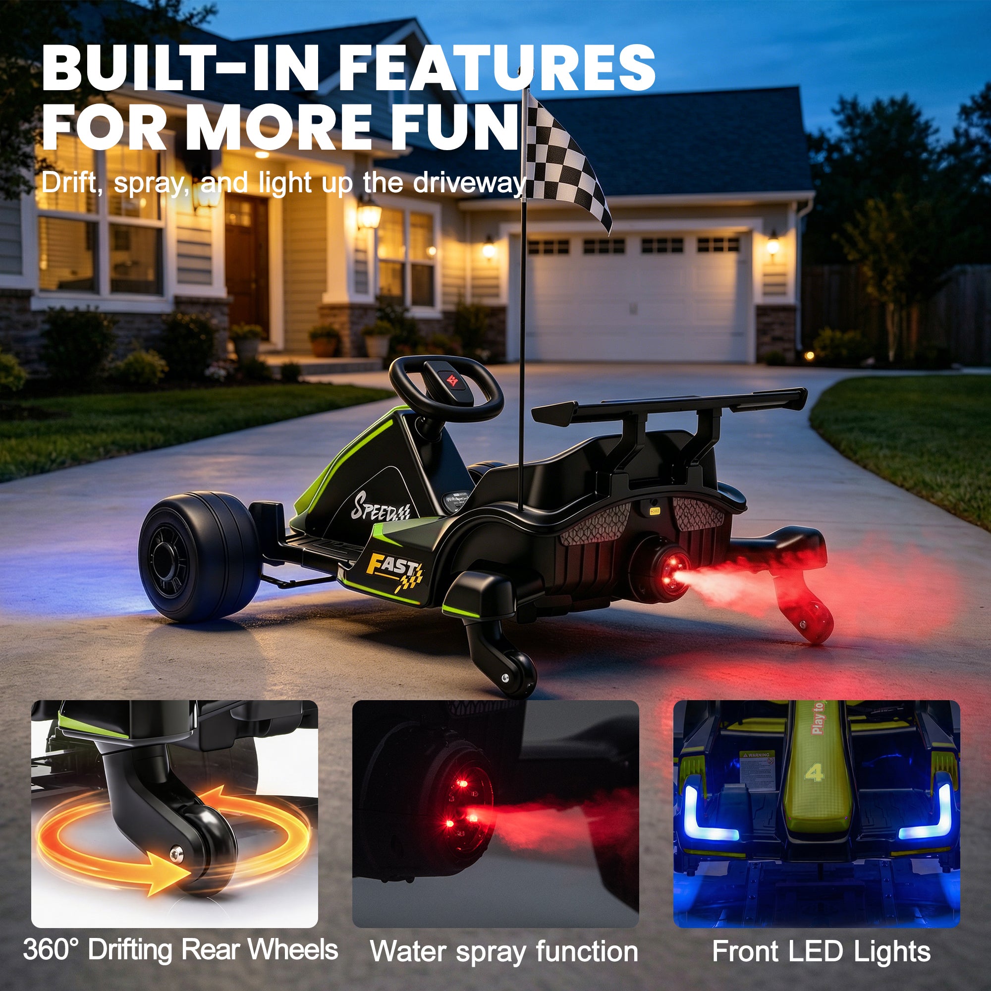 iYofe 12V Ride on Car for Kids, 360° Spin Drift Racing Go Kart with Powered PU Glowing Wheels, Water Spray Effect, Parent Remote Control, Electric Ride On Toys for Boys Girls Age 3-8