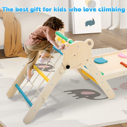 iYofe Pikler Triangle Set, Wooden Toddler Climber with Arch, Ramp, Climbing Net and 2 Wooden Cars, Indoor Play Gym for Ages 1-3