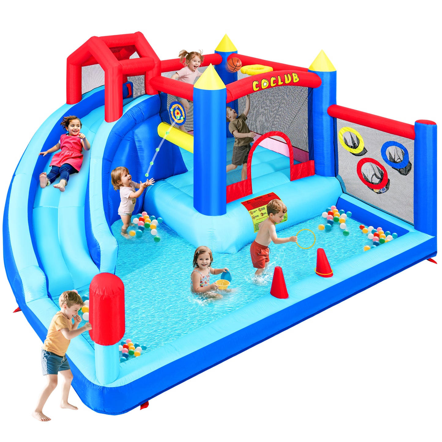 Bounce House with Blower, Outdoor Bounce Castle with Slide/Basketball Hoop/Ball Pit/Ring-toss Game/Pitching Game, Jump House for Kids Toddlers Ages 3-12