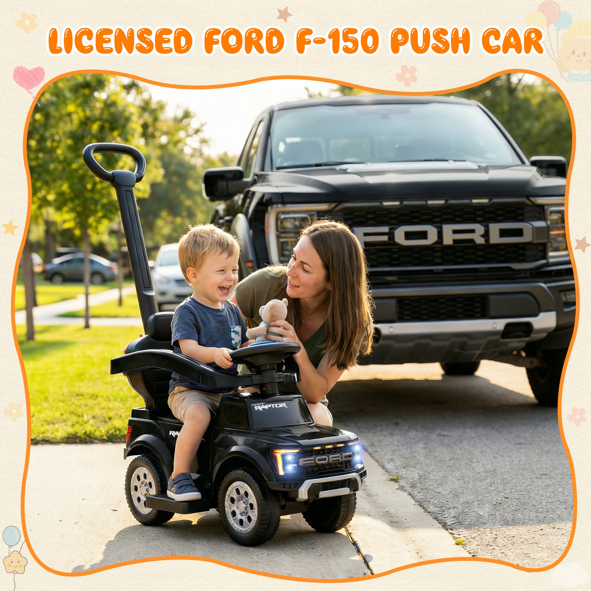 iYofe 3 In 1 Push Cars for Kids, Licensed Ford F-150 Kids Ride On Toys with Removable Parental Handle and Safety Rail, Horn, LED Lights, Ride On Car for Toddler Ages 18-36 Months, Black