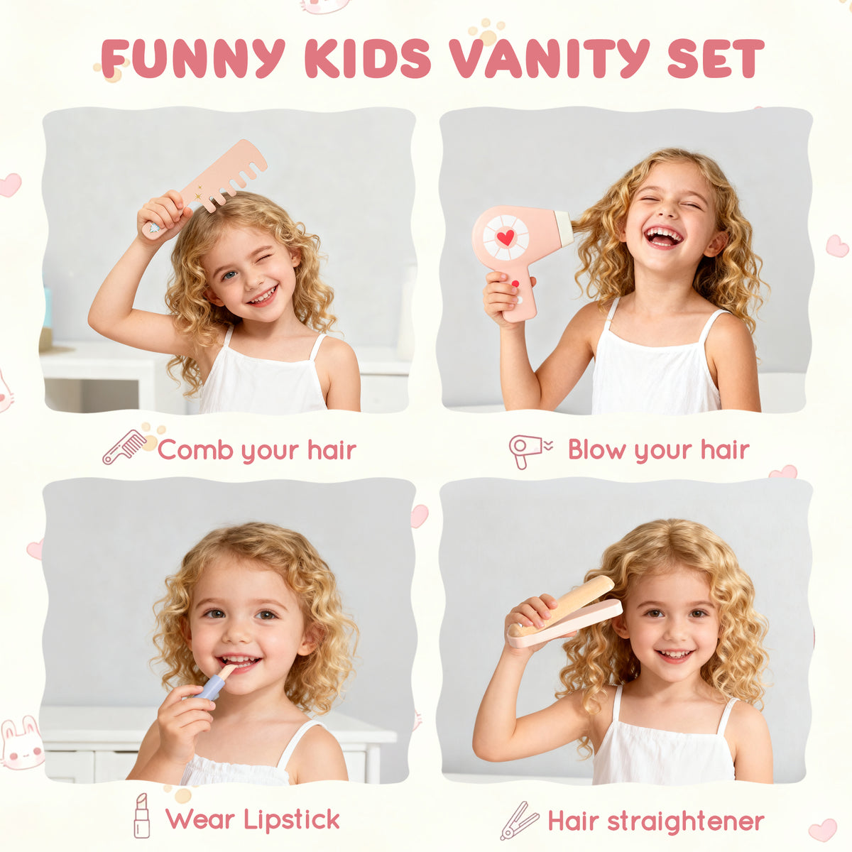 Kids Vanity Set for Girls with Mirror, 12PCS Toddler Vanity Table and Chair Set with Makeup Toys, Wood Dressing Table with Jewelry Box, Eyeshadow, Comb, Pink