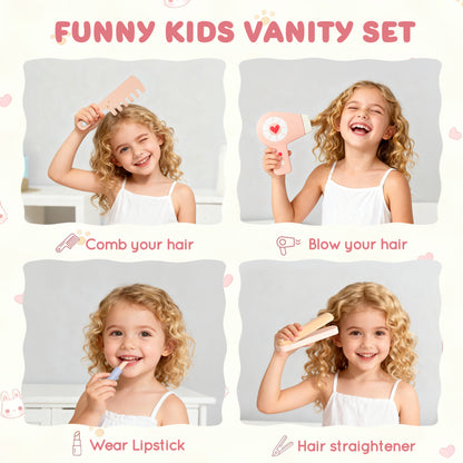 Kids Vanity Set for Girls with Mirror, 12PCS Toddler Vanity Table and Chair Set with Makeup Toys, Wood Dressing Table with Jewelry Box, Eyeshadow, Comb, Pink